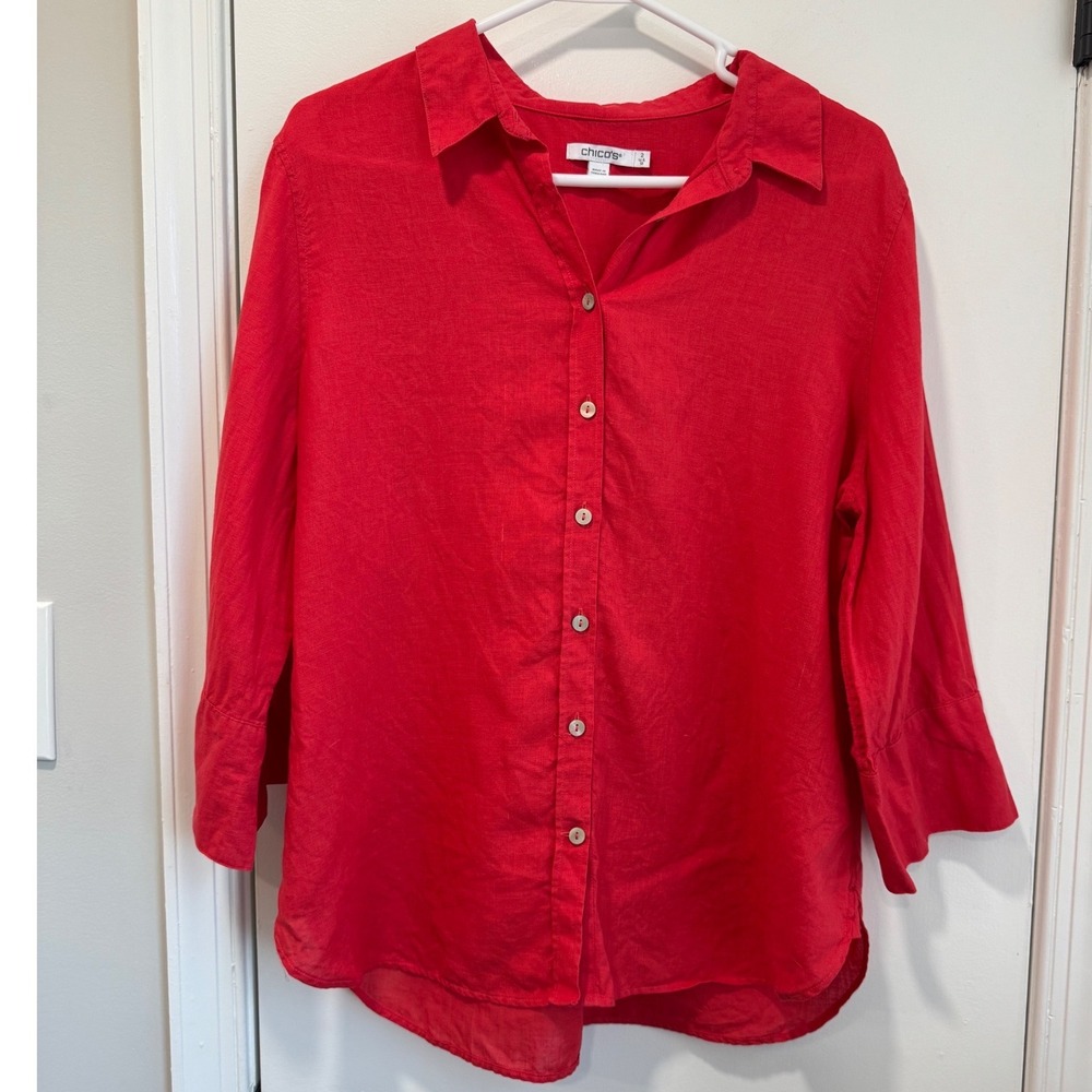 Chicos Red 100% Linen Button Down Shirt 3/4 Sleeve Size 2 US 12 Top